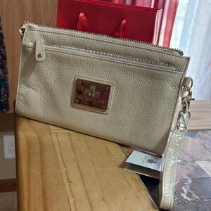 NWT ROWALLAN Beige leather Wristlet with Gold Accents